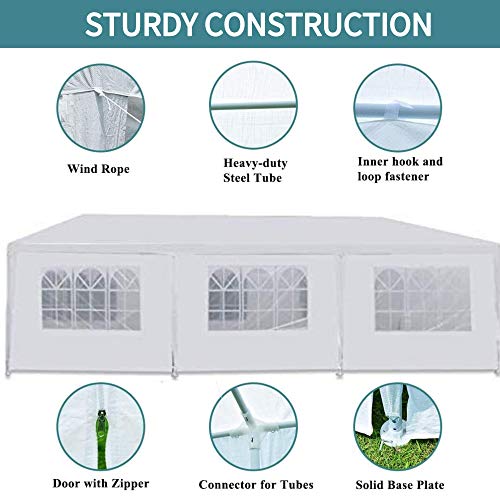 Heavy Duty Canopy Event Tent-10'x30' Outdoor White Gazebo Party Wedding Tent, Sturdy Steel Frame Shelter w/8 Removable Sidewalls Waterproof Sun Snow Rain Shelter Tent (10' x 30' with 8 sidewalls)