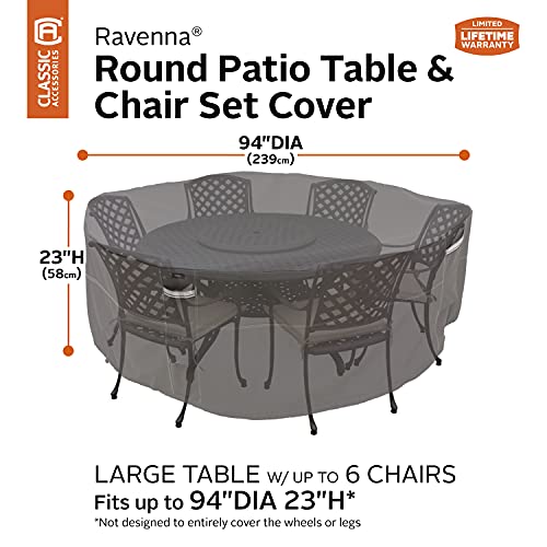 Classic Accessories Ravenna Waterproof Round Patio Table & Chair Set Cover, Outdoor Dining General Purpose Furniture Covers with Cord Lock & Padded Handles, 94 inch