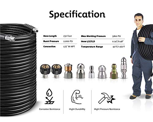 Sewer Jetter kit for Pressure Washer, 150 feet Hose, 1/4 Inch Drain Cleaning Hose,Button Nose & Rotating Sewer Jetting Nozzle,Sewer Jet kit for Pressure Washer,Jetter Hose, 4.5, 5.5, 4000 PSI (Black)