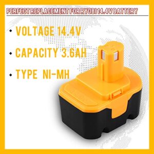 2Packs 3600mAh 14.4 Volt Ni-Mh Replacement Battery Compatible with Ryobi 14.4V Battery R10521 RY6201 RY6202 130224010 130224011 130281002 1314702 1400144 1400655 1400656 1400671 Cordless Power Tools