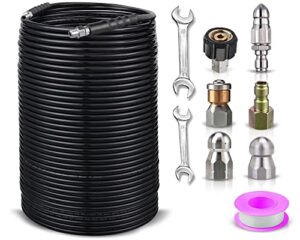 sewer jetter kit for pressure washer, 200 feet hose, 1/4 inch drain cleaning hose,button nose & rotating sewer jetting nozzle,sewer jet kit for pressure washer,jetter hose, 4.5, 5.5, 4000 psi (black)