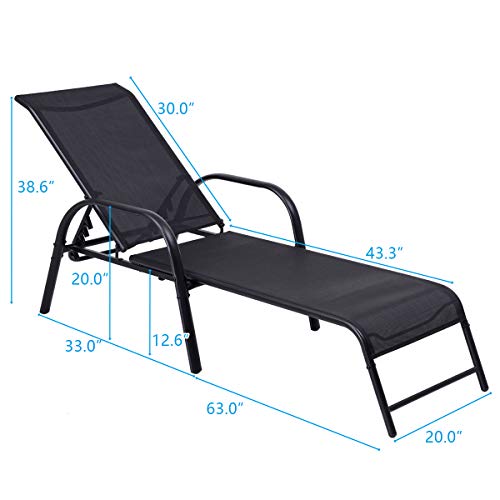 Giantex Outdoor Patio Chaise Lounge Chair, Adjustable Lounge Chairs Patio Seating Furniture, 5 Adjustable Positions, Backyard Lawn Sling Chaise for Beach Yard Pool (2)