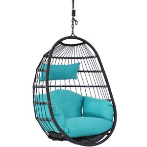 sunnydaze penelope black steel and polyethylene wicker hanging egg chair with turquoise polyester seat cushions – bohemian single lounge chair swing – collapsible nylon rope back – 45-inch tall