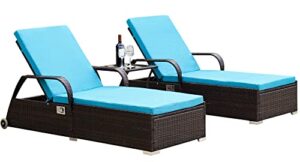 decmico chaise lounge chair set of 3 outdoor wicker patio furniture, infinite position adjustable backrest with removable cushion and a glass table,ideal for yard, garden, and backyard (turquoise)