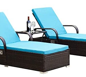 DECMICO Chaise Lounge Chair Set of 3 Outdoor Wicker Patio Furniture, Infinite Position Adjustable Backrest with Removable Cushion and a Glass Table,Ideal for Yard, Garden, and Backyard (Turquoise)