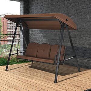 Tangkula 3-Seater Porch Swing, Outdoor Swing with Adjustable Tilt Canopy & Removable Soft Cushions, Powder-Coated Steel Frame Patio Swing for Garden, Poolside, Backyard (Coffee)