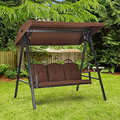 Tangkula 3-Seater Porch Swing, Outdoor Swing with Adjustable Tilt Canopy & Removable Soft Cushions, Powder-Coated Steel Frame Patio Swing for Garden, Poolside, Backyard (Coffee)