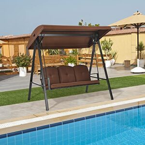 Tangkula 3-Seater Porch Swing, Outdoor Swing with Adjustable Tilt Canopy & Removable Soft Cushions, Powder-Coated Steel Frame Patio Swing for Garden, Poolside, Backyard (Coffee)