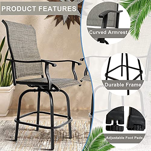 BENAROME Outdoor Swivel Bar Stool Set, High Patio Bar Chairs, All Weather Furniture Breathable Textilene for Bistro Lawn Backyard (4, Gray)