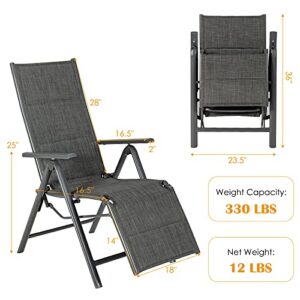 Giantex Reclining Patio Chairs 7 Positions Adjustable Backrest Outdoor Folding Recliners Aluminum Frame Padded Lounge Chair Lawn Porch Furniture (1, Gray)