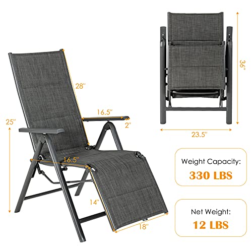 Giantex Reclining Patio Chairs 7 Positions Adjustable Backrest Outdoor Folding Recliners Aluminum Frame Padded Lounge Chair Lawn Porch Furniture (1, Gray)