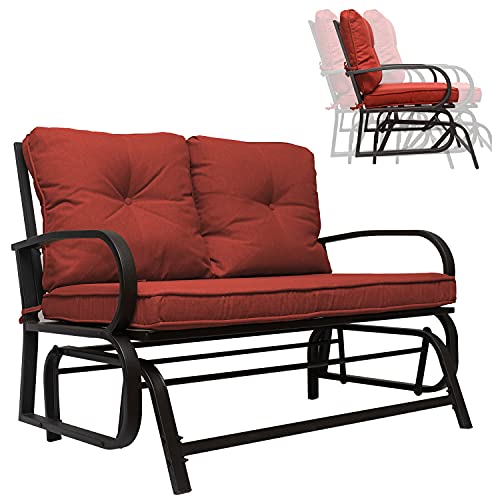 X&T Outdoor Porch Glider, Patio Glider Chair with 3.5 Inch Thick Cushion, 2 Seats Glider Benches for Outside, Garden Steel Frame Swing Rocker Seating, Red(1)