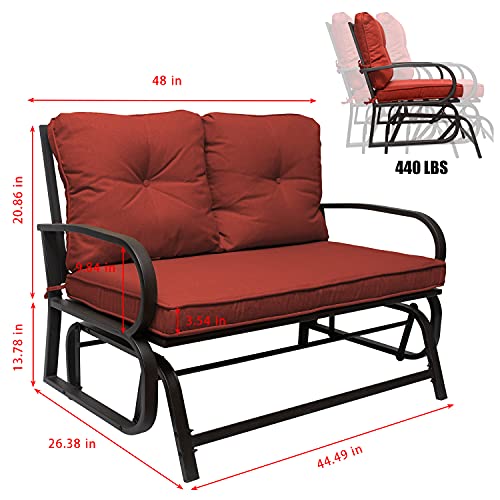 X&T Outdoor Porch Glider, Patio Glider Chair with 3.5 Inch Thick Cushion, 2 Seats Glider Benches for Outside, Garden Steel Frame Swing Rocker Seating, Red(1)