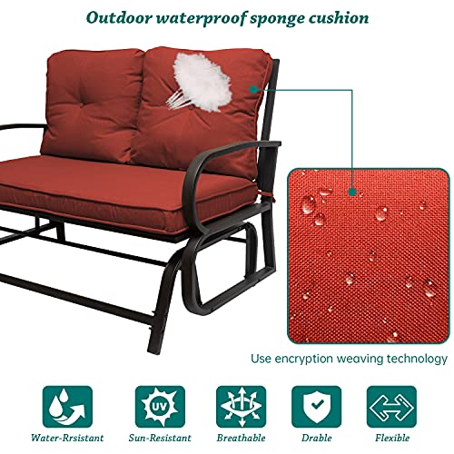 X&T Outdoor Porch Glider, Patio Glider Chair with 3.5 Inch Thick Cushion, 2 Seats Glider Benches for Outside, Garden Steel Frame Swing Rocker Seating, Red(1)
