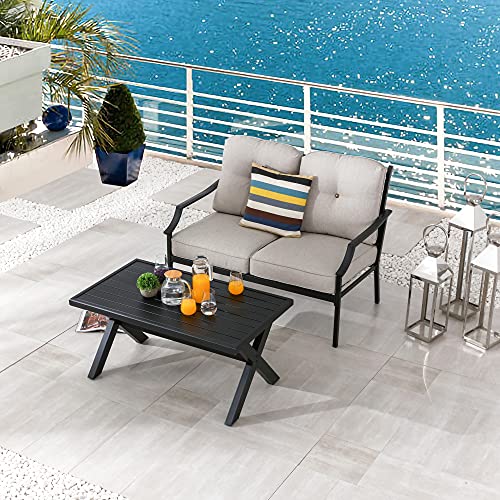 LOKATSE HOME Outdoor Loveseat and Coffee Table Metal Conversation Set Patio Furniture with Cushions for Poolside Backyard Lawn, Beige
