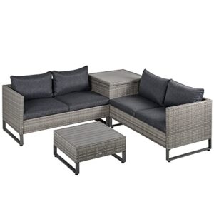 outsunny 4-piece pe rattan wicker outdoor sofa sets with washable comfort cushions, steel frame, & modern design furniture set, grey