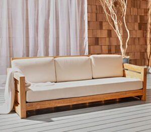 safavieh cpt1008a couture guadeloupe brazilian teak outdoor 3-seat patio sofa, natural/white