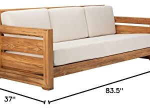 Safavieh CPT1008A Couture Guadeloupe Brazilian Teak Outdoor 3-Seat Patio Sofa, Natural/White