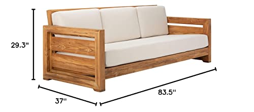 Safavieh CPT1008A Couture Guadeloupe Brazilian Teak Outdoor 3-Seat Patio Sofa, Natural/White