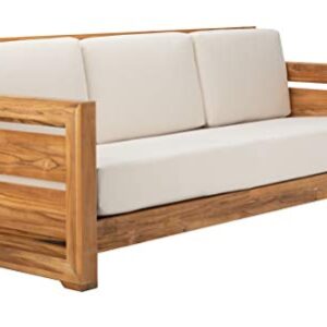 Safavieh CPT1008A Couture Guadeloupe Brazilian Teak Outdoor 3-Seat Patio Sofa, Natural/White