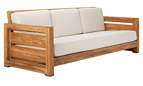 Safavieh CPT1008A Couture Guadeloupe Brazilian Teak Outdoor 3-Seat Patio Sofa, Natural/White