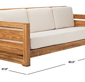 Safavieh CPT1008A Couture Guadeloupe Brazilian Teak Outdoor 3-Seat Patio Sofa, Natural/White