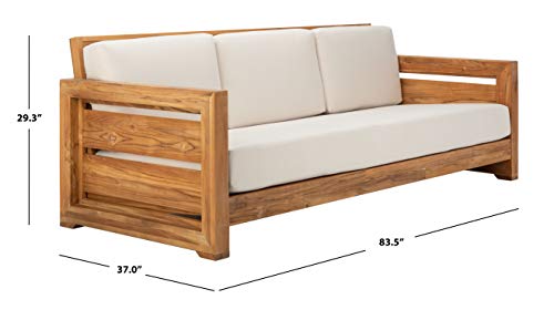 Safavieh CPT1008A Couture Guadeloupe Brazilian Teak Outdoor 3-Seat Patio Sofa, Natural/White