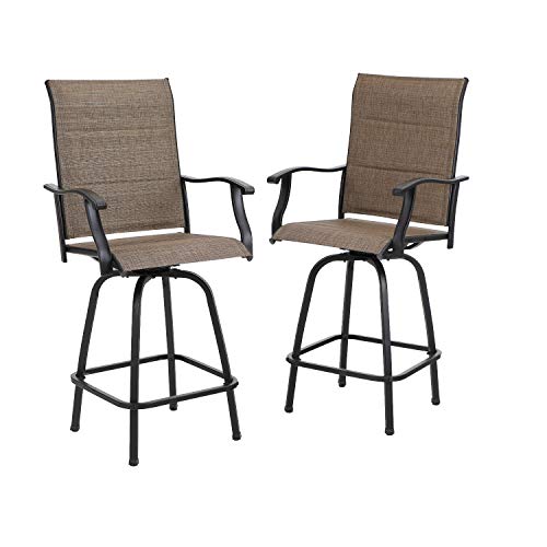 PHI VILLA 2 PCS Outdoor Swivel Bar Stools Bar Height Patio Chair with Padded Sling Fabric, All Weather Resistant Steel Frame