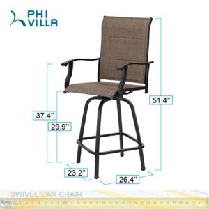 PHI VILLA 2 PCS Outdoor Swivel Bar Stools Bar Height Patio Chair with Padded Sling Fabric, All Weather Resistant Steel Frame