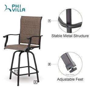 PHI VILLA 2 PCS Outdoor Swivel Bar Stools Bar Height Patio Chair with Padded Sling Fabric, All Weather Resistant Steel Frame