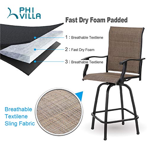 PHI VILLA 2 PCS Outdoor Swivel Bar Stools Bar Height Patio Chair with Padded Sling Fabric, All Weather Resistant Steel Frame