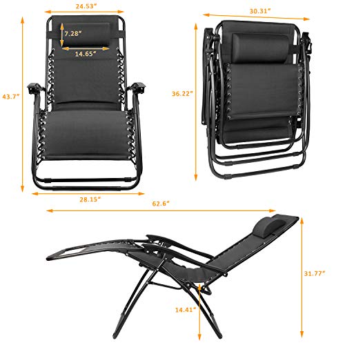 Flamaker Zero Gravity Chair Oversized Padded Patio Adjustable Recliner Outdoor Lounger Chair with Headrest for Poolside, Yard and Camping (Black)