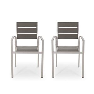 belle outdoor modern aluminum dining chair with faux wood seat (set of 2), gray and silver