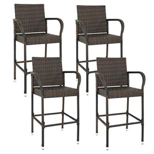 zenstyle set of 4 rattan style barstool brown wicker patio bar stool indoor outdoor with footrest & armrest