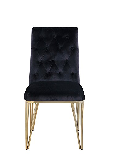 Iconic Home Callahan Dining Side Chair Button Tufted Velvet Upholstered Solid Gold Tone Metal Base Spindle Legs (Set of 2) Modern Contemporary, Black