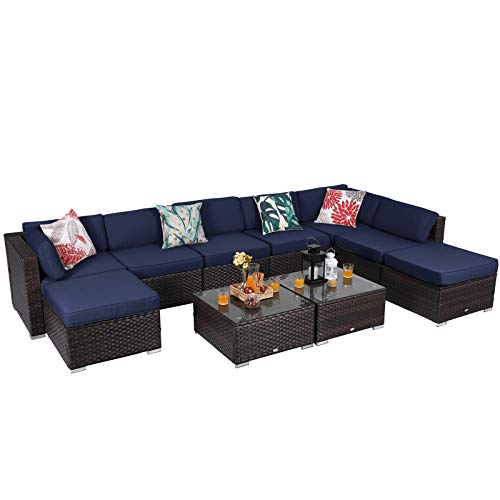 PHI VILLA Outdoor Furniture Set Wicker Patio Sectional Sofa with Tea Table and Ottoman (10 Piece, Blue)