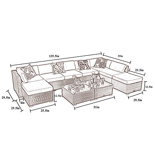 PHI VILLA Outdoor Furniture Set Wicker Patio Sectional Sofa with Tea Table and Ottoman (10 Piece, Blue)