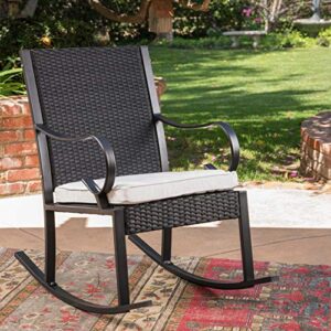 Christopher Knight Home Muriel Outdoor Wicker Rocking Chair, Black/White Cushion