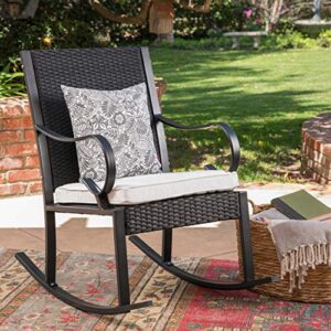 Christopher Knight Home Muriel Outdoor Wicker Rocking Chair, Black/White Cushion