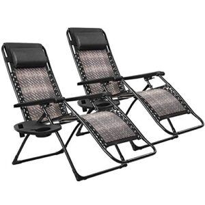 patiomore outdoor zero gravity wicker 2-pack padding chair, patio adjustable folded recliner lounge rattan pool chair with pillow & holder tray, patio chair for beach deck pool(dark brown wicker)