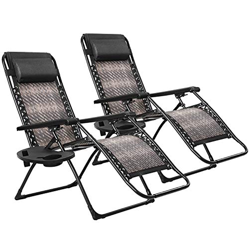 Patiomore Outdoor Zero Gravity Wicker 2-Pack Padding Chair, Patio Adjustable Folded Recliner Lounge Rattan Pool Chair with Pillow & Holder Tray, Patio Chair for Beach Deck Pool(Dark Brown Wicker)