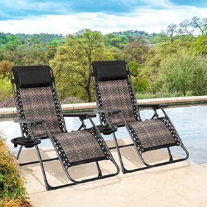 Patiomore Outdoor Zero Gravity Wicker 2-Pack Padding Chair, Patio Adjustable Folded Recliner Lounge Rattan Pool Chair with Pillow & Holder Tray, Patio Chair for Beach Deck Pool(Dark Brown Wicker)