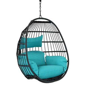 sunnydaze dalia black steel and polyethylene wicker hanging egg chair with teal polyester seat cushions – bohemian single lounge chair – collapsible nylon rope back – 45-inch tall