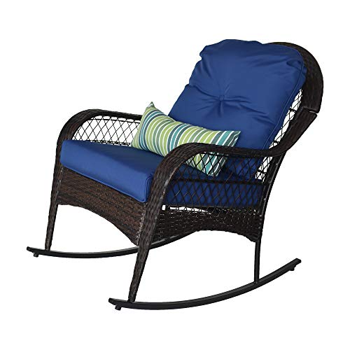 Sundale Outdoor Wicker Rocking Chair Rattan Outdoor Patio Yard Furniture All- Weather with Cushions & Lumbar Pillow (Navy)