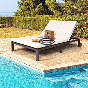 HAPPYGRILL 2-Person Patio Lounge Chair Rattan Wicker Chaise Lounge with Adjustable Backrest, Outdoor Loveseat Sofa Daybed with Wheels & Cushion for Garden Lawn Backyard