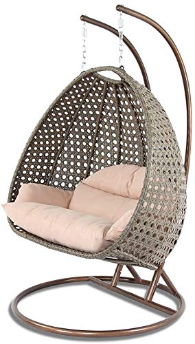 Island Gale® Luxury 2 Person Outdoor, Patio, Hanging Wicker Swing Chair ((2 Person) X-Large-Plus, Latte Rattan/Latte Cushion with Free Cover $128 Dollar Value)