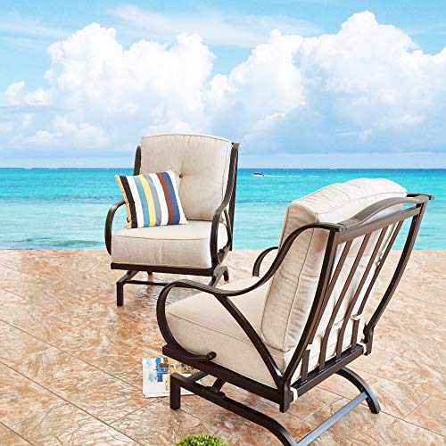 Top Space Rocking Motion Patio Chair Outdoor Deep Seating Club Chair Metal Furniture Set with Soft Cushion Sturdy Metal Frame Furniture for Garden Yard Lawn Poolside (2PCS, White)