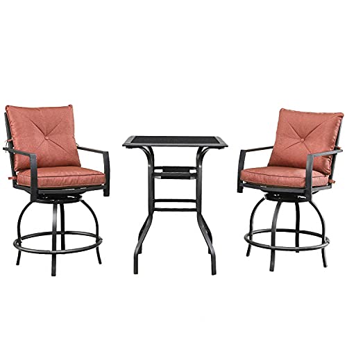 LOKATSE HOME 3 Piece Outdoor Patio Bistro Swivel Bar Sets with 2 Stools and 1 Glass Top Table, Chair, Red