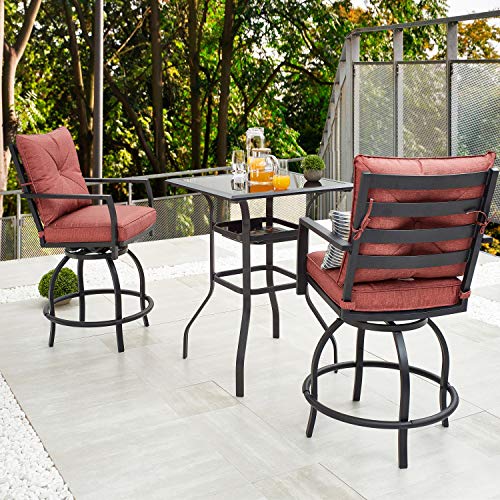 LOKATSE HOME 3 Piece Outdoor Patio Bistro Swivel Bar Sets with 2 Stools and 1 Glass Top Table, Chair, Red