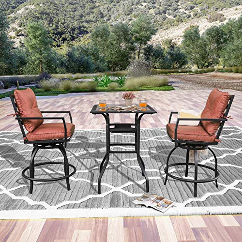 LOKATSE HOME 3 Piece Outdoor Patio Bistro Swivel Bar Sets with 2 Stools and 1 Glass Top Table, Chair, Red